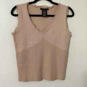 Vintage Y2K Tan Ribbed Knit Ruffle Beaded Fairy Feminine Boho Sleeveless Top S